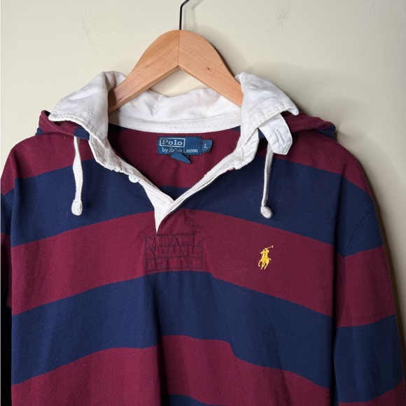 Ralph Lauren Other - VTG Polo Ralph Lauren Men’s L Hooded Rugby Long Sleeve Striped Navy Maroon Pony